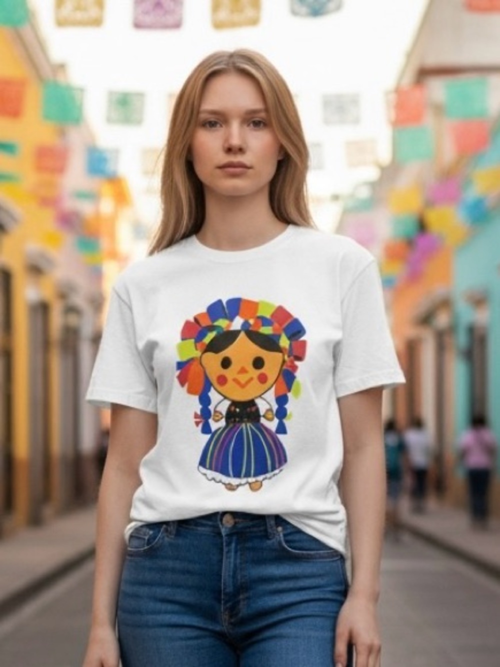 White Graphic T-Shirt with Colorful Doll Print